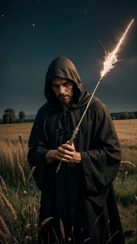 A man with medieval cloaks facing to the sky with magic wand in his hand pointing the sky, in the grass field background in the night. 