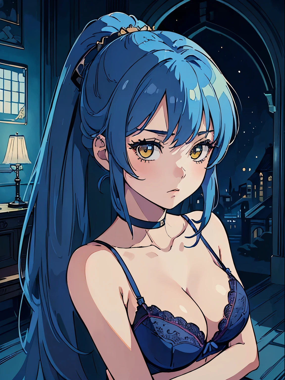 ((masterpiece, best quality)), ((anime girl in the castle hall, night, moonlight retro style)) (1girl, mature, portrait, close up), (solo, elegant beauty, cool woman), (female focus, loli), (blue hair, ponytail hair),yellow eyes, detailed eye, ((lingerie)), portraits, dramatic lighting, blueish light, calm atmosphere