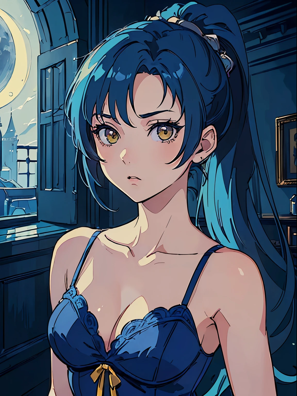 ((masterpiece, best quality)), ((anime girl in the castle hall, night, moonlight retro style)) (1girl, , portrait, close up), (solo, elegant beauty, cool woman), (female focus, loli), (blue hair, ponytail hair),yellow eyes, detailed eye, ((lingerie)), portraits, dramatic lighting, blueish light, calm atmosphere