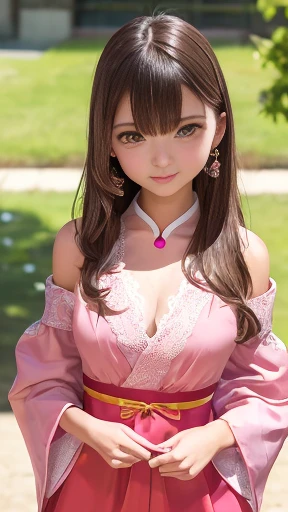 ((Browsing Caution)),one girl, (a beauty girl, delicate girl:1.3), (19 years old:1.3),
break, (Red Hanbok,Bright dress:1.3),(Off the shoulder,Deep chest and cleavage,There is no obi),(((Wide open collar,Pink areola visible from the collar))),((White lace panties)),
break, Definition of very fine particles, (Symmetrical eyes:1.3),
break, (Night Festival:1.3),
break, (Ample breasts:1.2),Brown eyes, Parted bangs, Brown Hair,  girl,
break, (Eye and facial details:1.0),
break, (masterpiece, highest quality, Very detailed, Detailed face, 8k),Shot to the knee, Are standing,