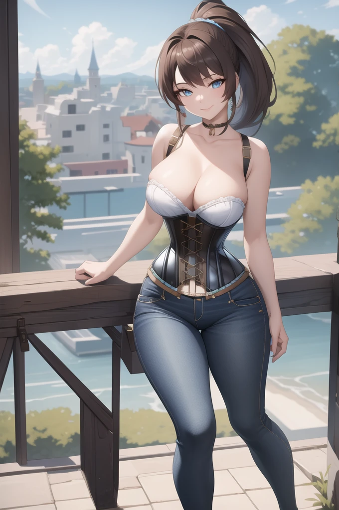8k, masterpiece, highly detailed, 1girl, (bright blue underbust corset), jeans, sleeveless, full body, head tilt, coy smile, big ponytail, brown hair,