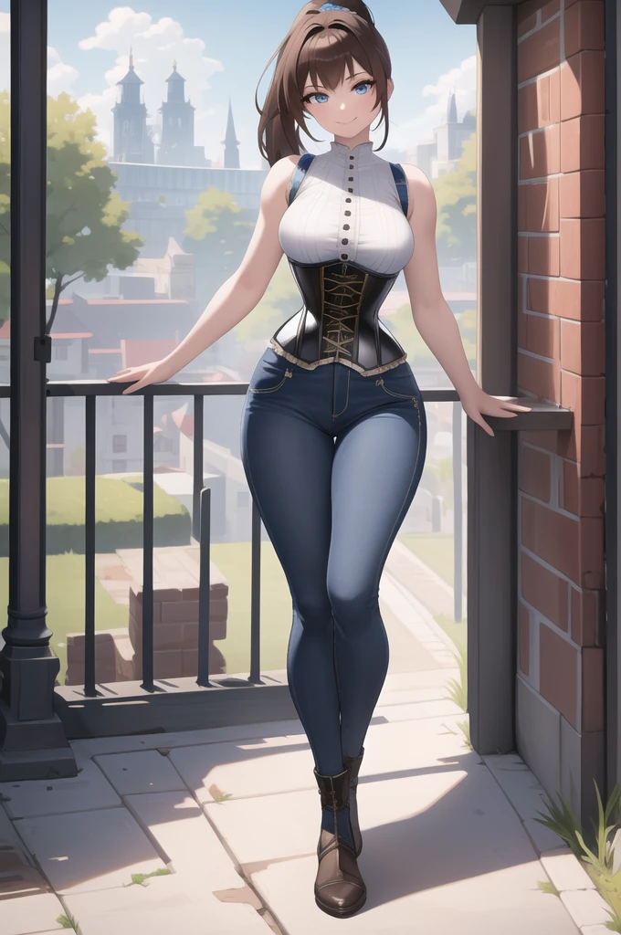 8k, masterpiece, highly detailed, 1girl, (bright blue underbust corset), jeans, sleeveless, full body, head tilt, coy smile, big ponytail, brown hair,