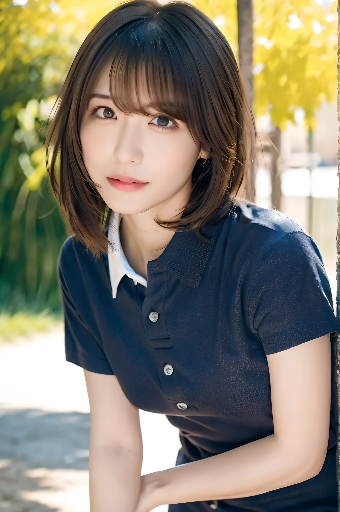 1girl.(RAW shooting:1.3)、(Photorealistic:1.3)、(masterpiece:1.3)、(highest quality:1.3)、Super detailed、High resolution、(Depth of written boundary)、(Detailed eyes)、(Detailed facial features)、(Detailed fingers)、(Detailed clothing features)、High resolution、8k、Skin Tightening、(Glowing Skin)、Landscape Gestic.Age 35、(Brown Hair)、(Medium Short Hair:1.5)、(Straight hair:1.3)、Hair blowing in the wind、avert your eyes、(Cowboy Shot:1.3)、(Dynamic pose)、(Smile)、Navy blue polo shirt、Denim mini skirt、Rich milk、Lens flare、Shining with colored light、Fantastic lighting、Forest rays、(Daytime cityscape, Busy Street, Expressing the vibrant charm of a bustling metropolis under the sun.)、{{{No makeup、Lens flare:1.4}}}