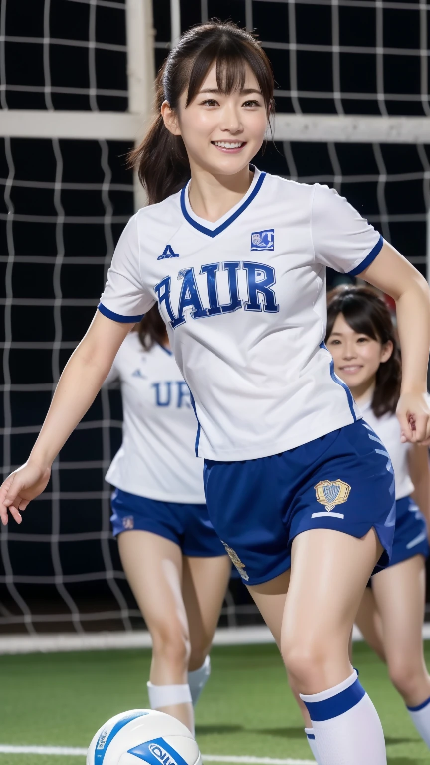 ((highest quality, 8k, Representative works in detail, Ultra-high resolution)), (Japanese女性の集合写真), (Looking at the audience), (Mid Shot:), Vlize、Attractive volleyball player、純粋なJapanese女性のみ ,美しいJapanese。純粋なJapaneseの顔、 tall、Long legs、Large bust、A little chubby:0.25, White volleyball uniform、Short sleeve shirt,Shorts、Knee support、sports boots、gymの 床に座っている)), Japanese、smile, Sweating、gym、