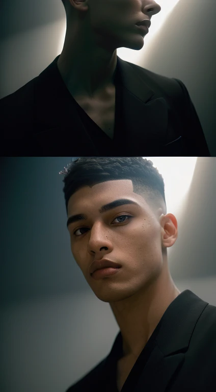(8k, RAW Photos, highest quality,High resolution, masterpiece: 1.2). (Realistic, Realistic: 1.5),((Light on face:1.2)),((Cinema Lighting:1.3 )),(Photorealism:1.4),(Real Image),(Photographic images),20-year-old,((Japanese)),(male:1.3), (High Top Fade:1.5), Dark Theme, Calm tone, Calm colors, High Contrast, (Natural skin texture, Hyperrealism, Soft Light, sharp),(Black suit:1.2)
