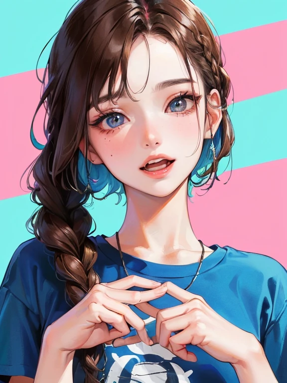 (((One woman)))、(Highest Resolution、clear_image) highest quality、(((pop)))、1990s、((Colorful background))、((Enlighten))、Very detailed、Semi-realistic、Brown Hair、((compensate)),Braided Hairstyles、Laughter、Bans、20-year-old、young、((T-Shirts))、Delicate facial features、Facial Features、View from below