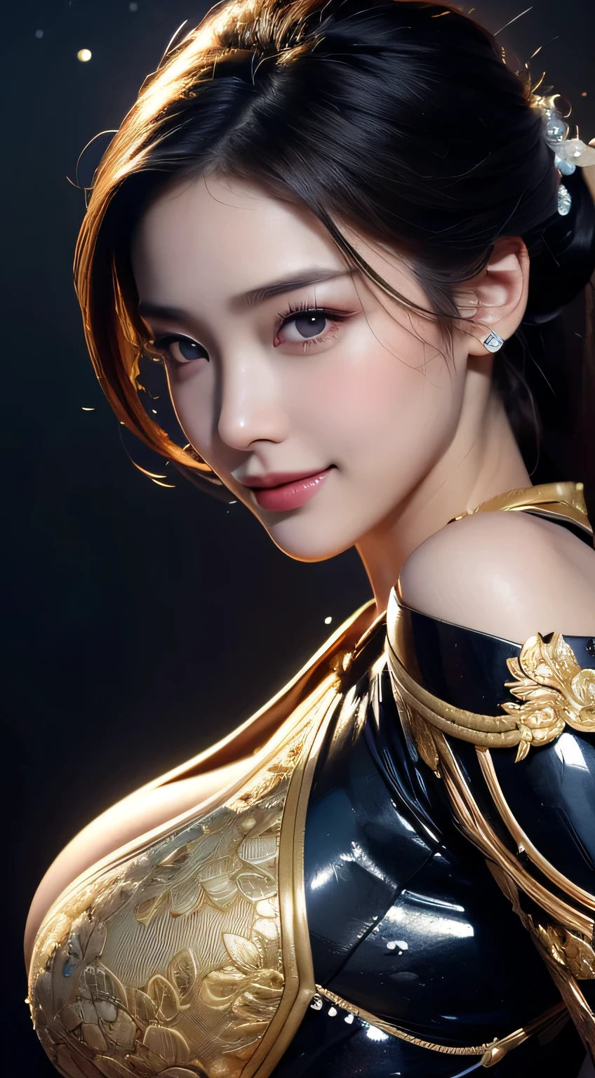 Kimono beauty, body portrait, 8k, thin and beautiful eyes, Dindal effect, masterpiece, top quality, high quality, high resolution, very detailed photo, (natural skin texture, fine skin, hyper realism, super sharpness) , high detail skin, (very fine, fine skin texture, intricate details, beautiful face, (real-like face), realistic eyes, beautifully detailed eyes, realistic skin, beautiful skin, surreal, Highly detailed, golden ratio, smiling eyes, ((night moonlight background)), body portrait, G cup, big breasts, huge breasts, big breasts, glamorous, shiny bodysuit