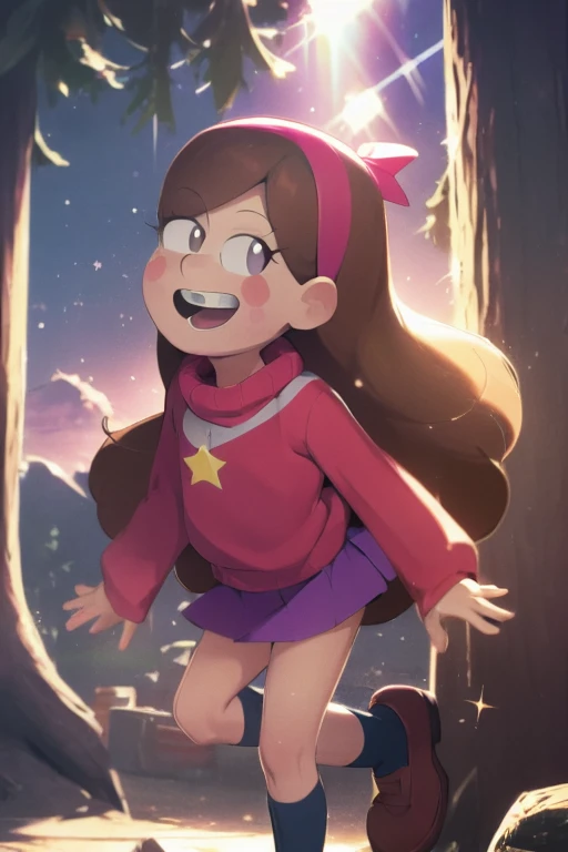 (medium:1.1), vibrate colors, Mabel Pines, day, masterpiece, best quality, Mabel, 1girl, 9yo, flat chest, beautiful detailed eyes, beautiful detailed lips, whimsical, detailed landscape, Gravity Falls mystic, depth of field, night, light particles, light rays, sidelighting, thighs, fate \(series\), solo, long hair, red sweater, long sleeves, brown hair, black eyes, pink hairband, star \(symbol\), purple skirt, smile, braces, open mouth, sweet, shoes, blush stickers, round teeth, buck teeth, tree, blue sky, wide hips, outdoors, Gravity Falls style, stars, glitter
