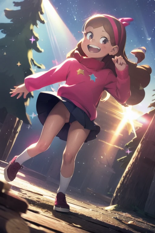 (medium:1.1), vibrate colors, Mabel Pines, day, masterpiece, best quality, Mabel, 1girl, 9yo, flat chest, beautiful detailed eyes, beautiful detailed lips, whimsical, detailed landscape, Gravity Falls mystic, depth of field, night, light particles, light rays, sidelighting, thighs, fate \(series\), solo, long hair, red sweater, long sleeves, brown hair, black eyes, pink hairband, star \(symbol\), purple skirt, smile, braces, open mouth, sweet, shoes, blush stickers, round teeth, buck teeth, tree, blue sky, wide hips, outdoors, Gravity Falls style, stars, glitter
