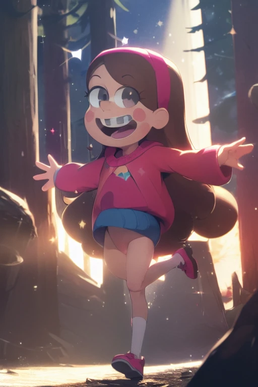 (medium:1.1), vibrate colors, Mabel Pines, day, masterpiece, best quality, Mabel, 1girl, 9yo, flat chest, beautiful detailed eyes, beautiful detailed lips, whimsical, detailed landscape, Gravity Falls mystic, depth of field, night, light particles, light rays, sidelighting, thighs, fate \(series\), solo, long hair, red sweater, long sleeves, brown hair, black eyes, pink hairband, star \(symbol\), purple skirt, smile, braces, open mouth, sweet, shoes, blush stickers, round teeth, buck teeth, tree, blue sky, wide hips, outdoors, Gravity Falls style, stars, glitter
