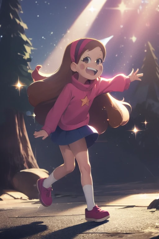 (medium:1.1), vibrate colors, Mabel Pines, day, masterpiece, best quality, Mabel, 1girl, 9yo, flat chest, beautiful detailed eyes, beautiful detailed lips, whimsical, detailed landscape, Gravity Falls mystic, depth of field, night, light particles, light rays, sidelighting, thighs, fate \(series\), solo, long hair, red sweater, long sleeves, brown hair, black eyes, pink hairband, star \(symbol\), purple skirt, smile, braces, open mouth, sweet, shoes, blush stickers, round teeth, buck teeth, tree, blue sky, wide hips, outdoors, Gravity Falls style, stars, glitter
