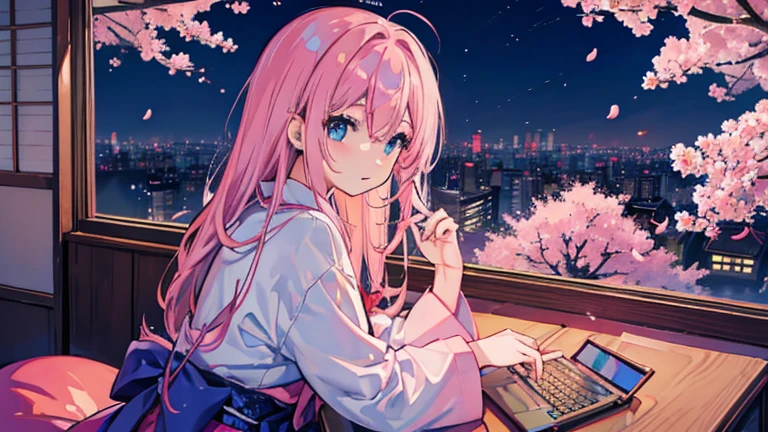 Anime images of Japan、 Out of the window、 Tokyo cityscape、 night view、 cherry blossoms、 a plane is flying、 enlarge the view、１People Girl、 blue eyes、　Pink long hair、 looking at laptop in room、　Size is 16:9 please