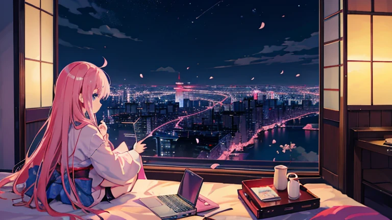 Anime images of Japan、 Out of the window、 Tokyo cityscape、 night view、 cherry blossoms、 a plane is flying、 enlarge the view、１People Girl、 blue eyes、　Pink long hair、 looking at laptop in room、　Size is 16:9 please