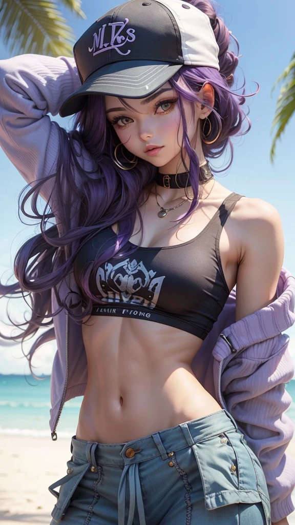 Beautiful girl , long purple hair, slim fit body , tank top mini skirt, slim waist, rosy lips ,
,cap