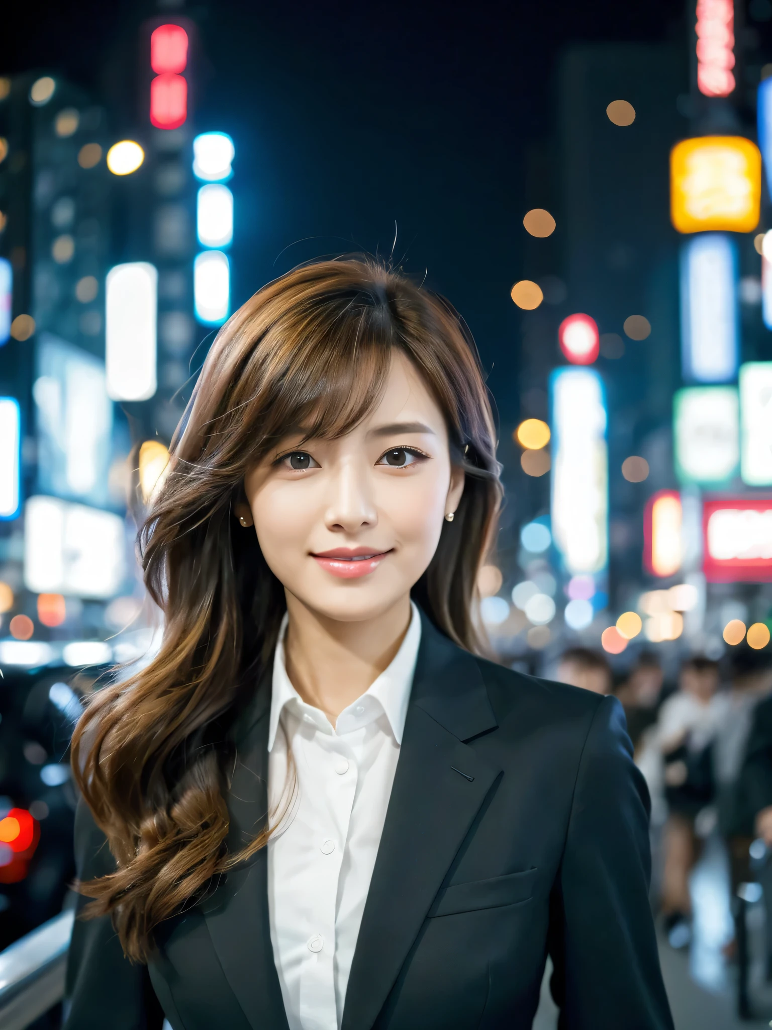 table top、highest quality、genuine、Super detailed、finely、High resolution、8k wallpaper、one beautiful woman、、、light brown disheveled hair、wearing a business suit、sharp focus、perfect dynamic composition、beautiful and detailed eyes、thin hair、Detailed genuine skin texture、smile、close-up portrait、model body shape、In Tokyo at night、