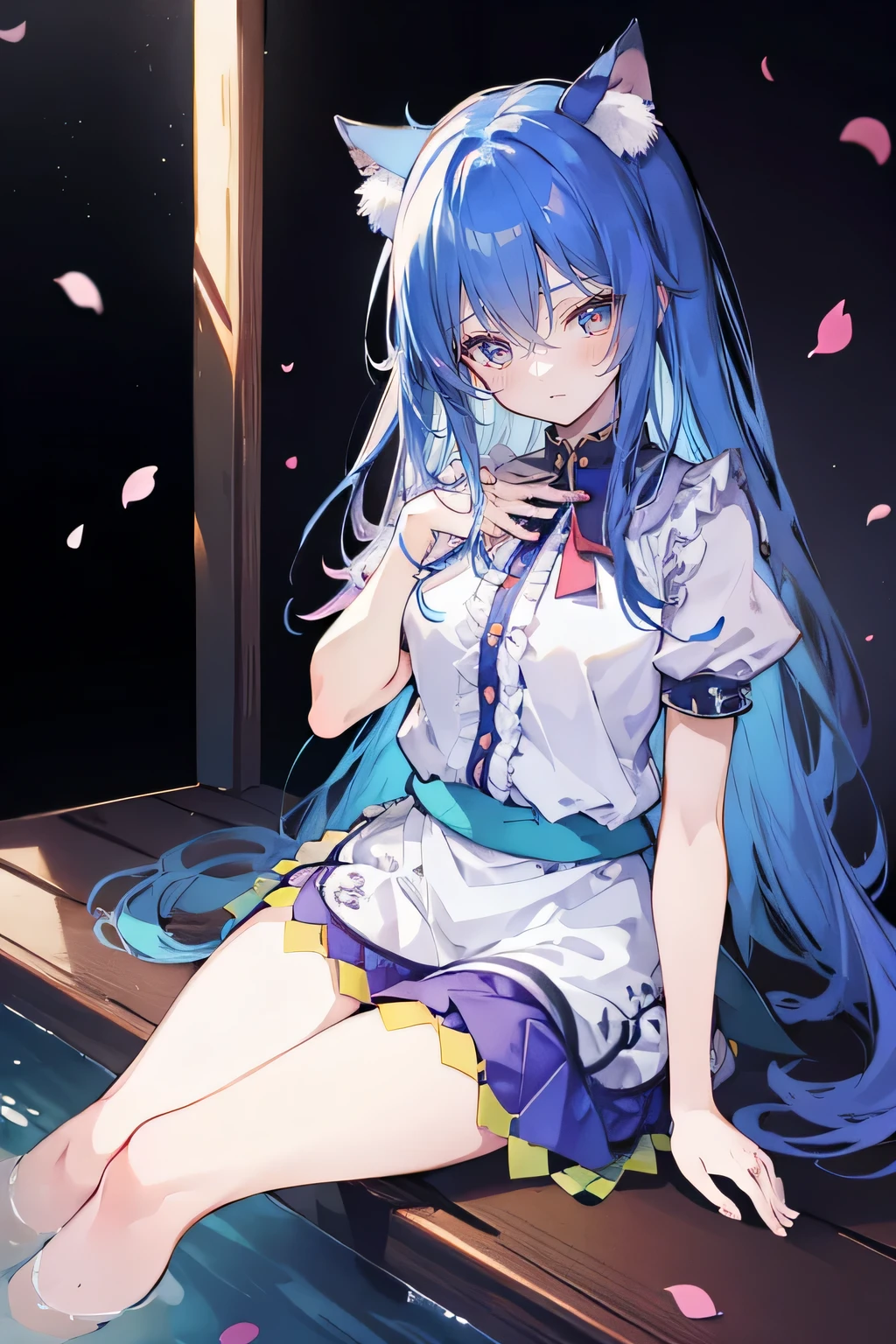 (masterpiece:1.2),ultra-detailed,realistic,expressive eyes,fair-skinned,perfectly shaped face,1girl,
Japanese cartoons,Gorgeous blue hair, flowing blue hair,floating clothes,cat ears,petals falling,beautiful Lola,Hina Angel,
hands on waist,gracefully sitting on the ground,legs crossed,gentle and serene background,cool and comfortable pavilion,shy face ,night .