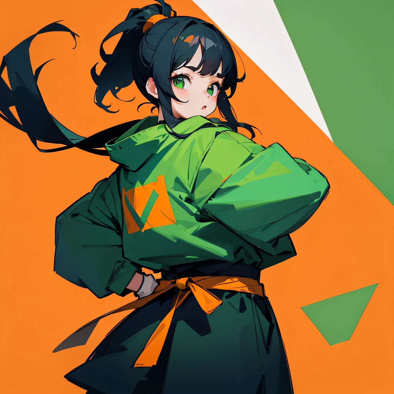 girl、Black Hair、ponytail、Green and orange hoodie、Green and orange geometric background