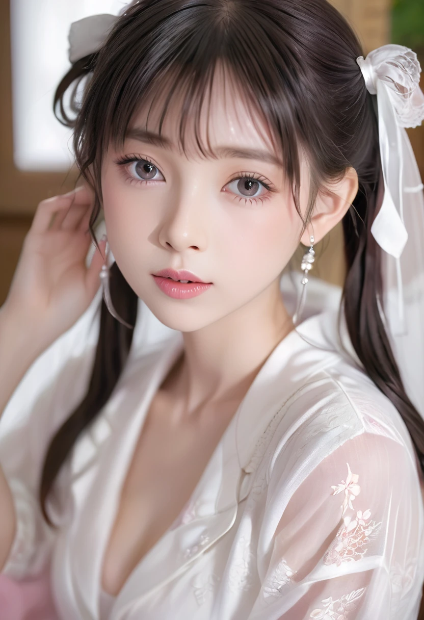 (masterpiece, best quality: 1.2),10-year-old twintails child，colloid， Sexy eyes，Exquisite eyes，The expression of a kiss，Wet pink and white sexy lips， colloid皮肤，Slim body，earrings（（White clothes）），full-body shot