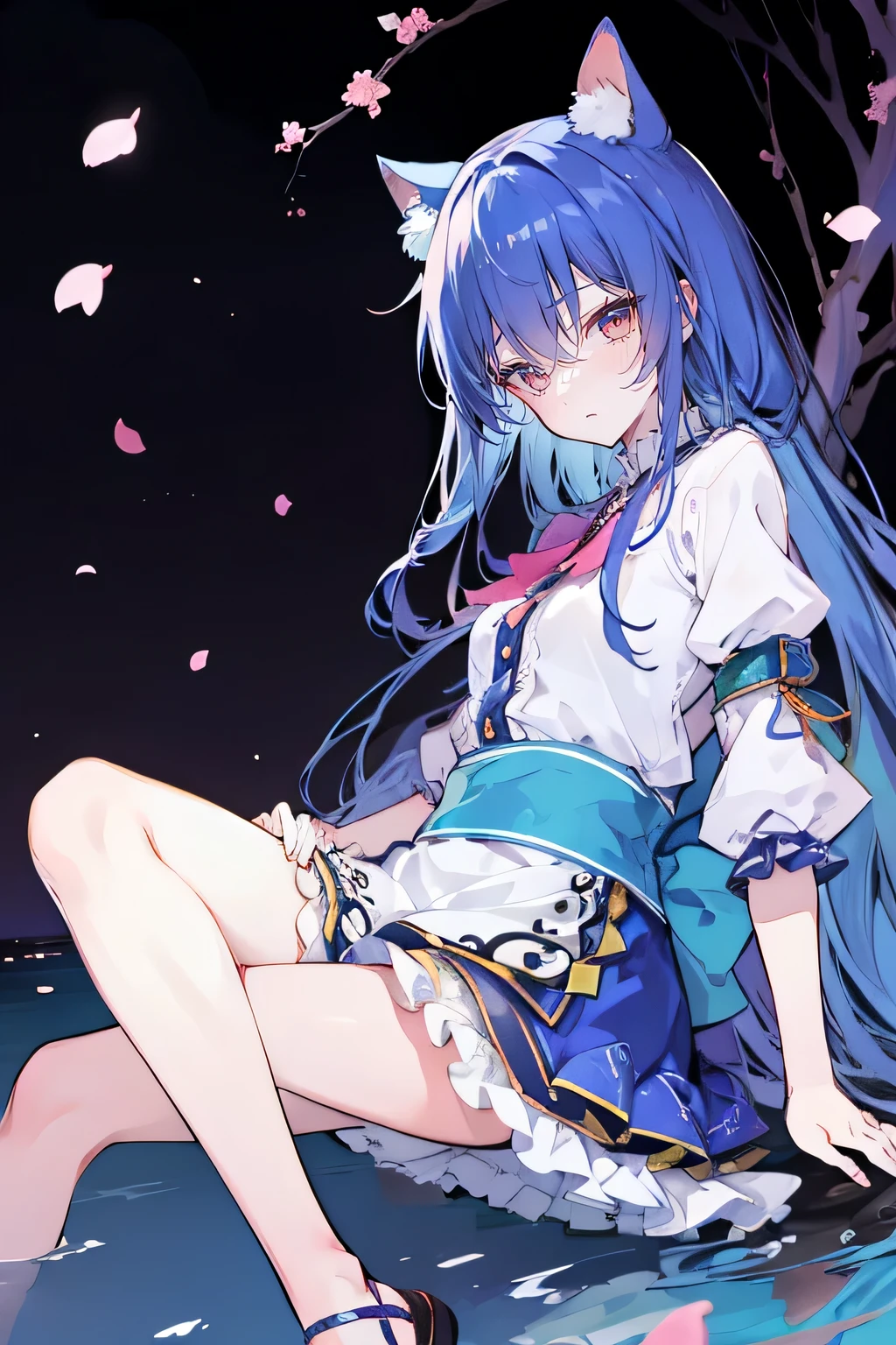 (masterpiece:1.2),ultra-detailed,realistic,expressive eyes,fair-skinned,perfectly shaped face,1girl,
Japanese cartoons,Gorgeous blue hair, flowing blue hair,floating clothes,cat ears,petals falling,beautiful Lola,Hina Angel,
hands on waist,gracefully sitting on the ground,legs crossed,gentle and serene background,cool and comfortable pavilion,shy face ,night .