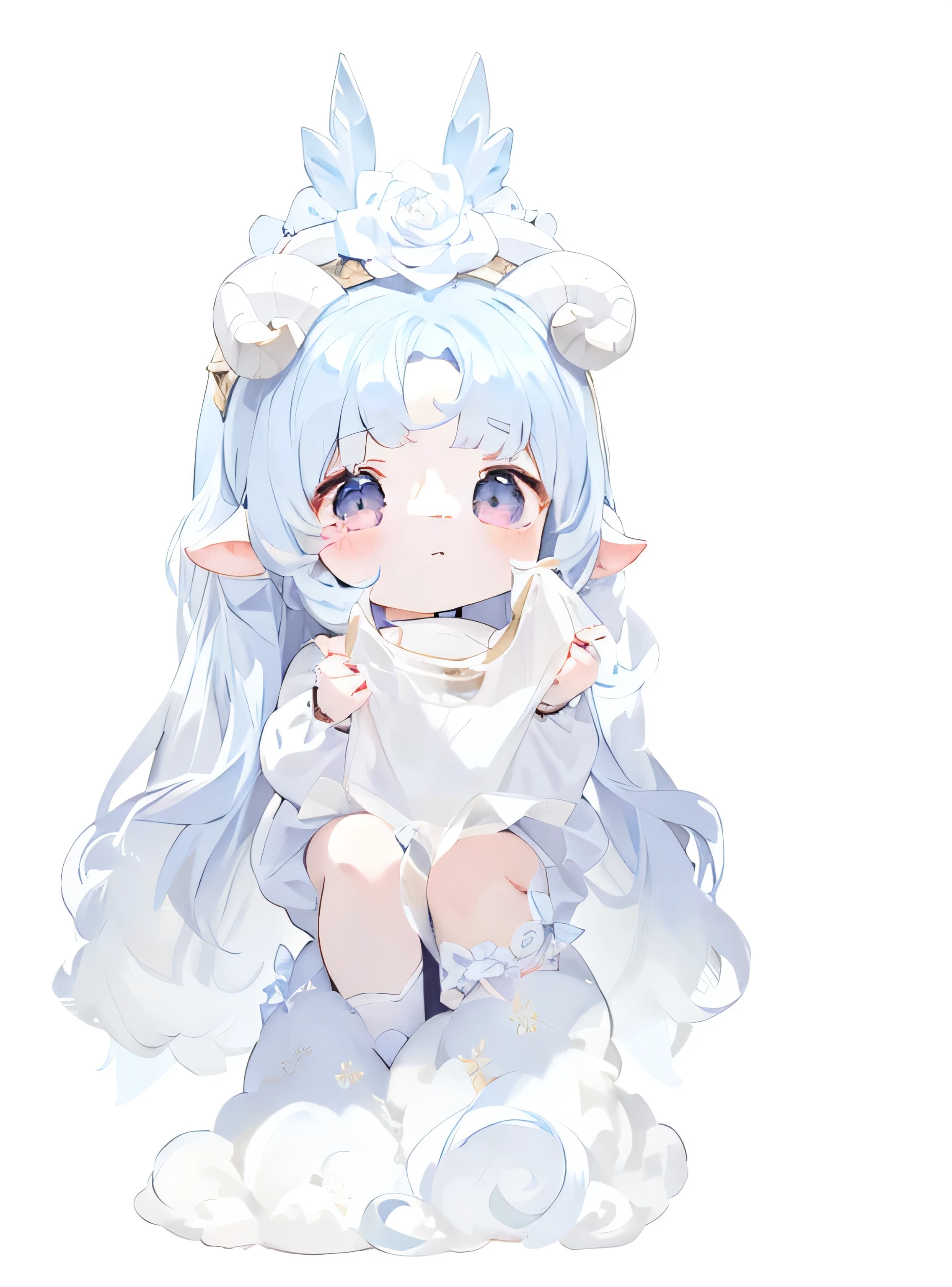 Sheep horns ,lolita cute character, ,,Lalafer, Sheep horns little loli girl, 2D,2D,,celluloid,HD,8k,,,Correct structure ,Q version is very cute,,,White long hair,Metal rose headdress,Ram color eyes,Holding the moon,transparent,Clouds