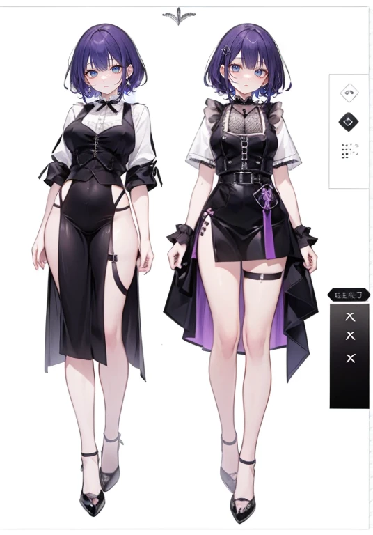 ((Perfect Face)),Purple Hair,Shortcuts,Adult female,bartender,((body Harness)),Black vest,((Shirt with rolled up sleeves)),tie,((slit)),((Simple Background)),smile,((whole body)),((full body)),Character portrait,upright,,Both arms are lowered,upright,