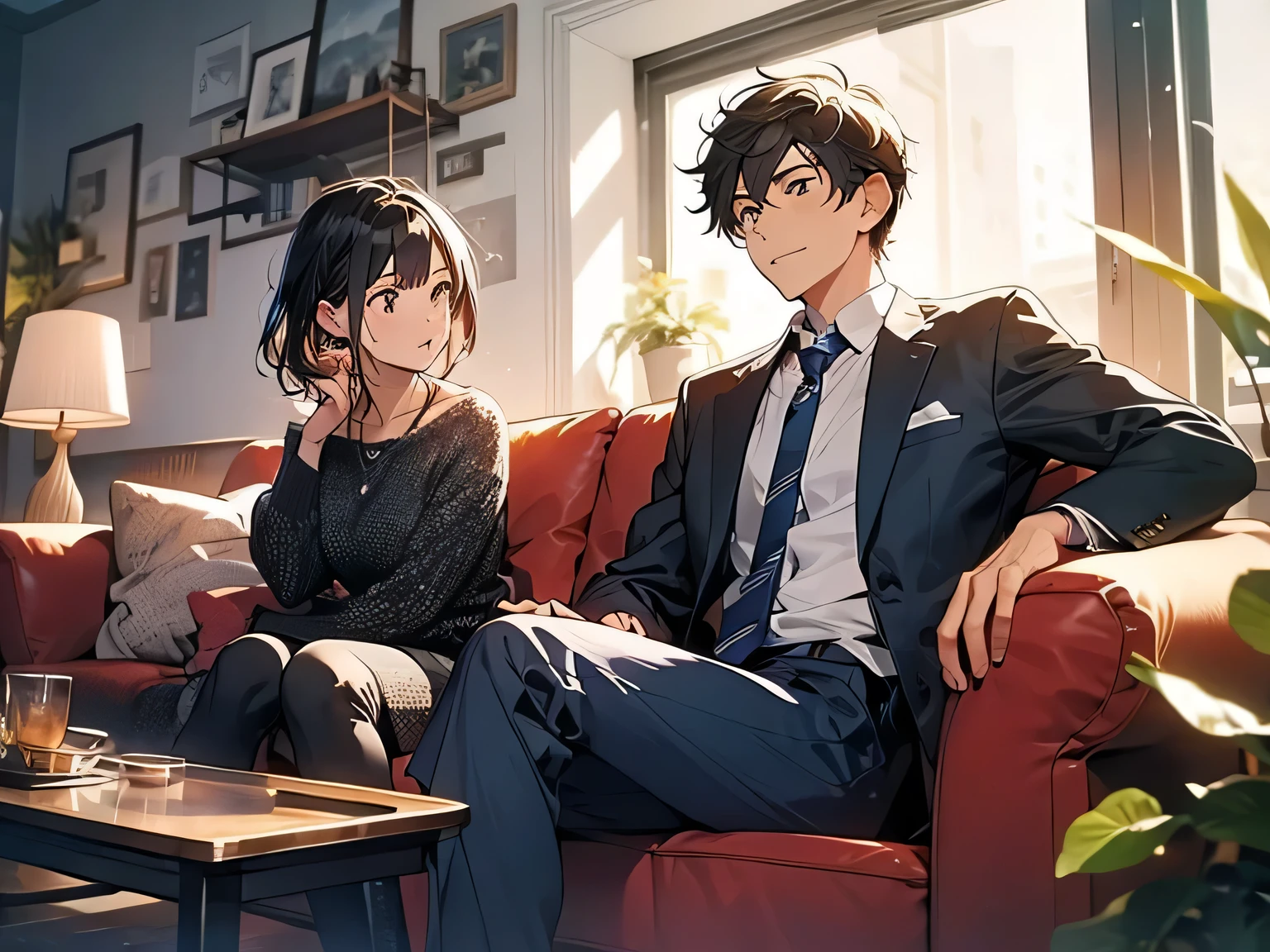 Living Room,sofa,A man and a woman,Suit,shirt,A middle-aged couple,discourse,consult,argumentative,Excited expression