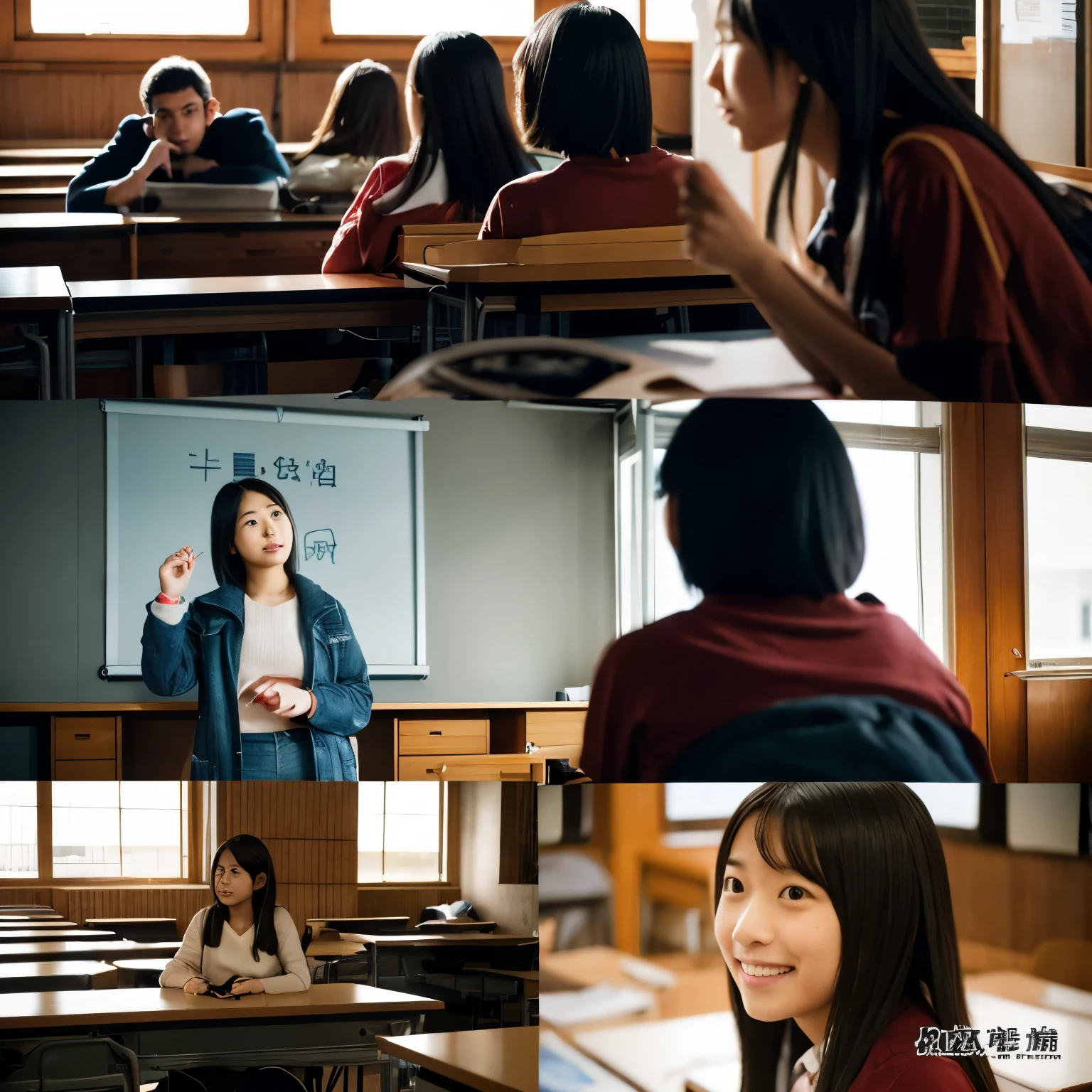 4コマの漫画is。The main character is an 18-year-old Japanese girl, and the same girl appears in all four panels.。The first frame is、A girl is sitting in a classroom thinking about America.。The line is that America means hamburgers and pizza.!is。The second panel is、A girl is taking a class in the classroom。On the screen at the front of the classroom、The theme of understanding others is reflected in the film.、The girl is looking at it。The third frame is、A girl has an idea during class。I realized that my thinking was biased.。for example、文化やジェンダーについてis。The fourth panel is、A girl is talking to an American 18-year-old boy in a classroom.。America々I am asking。The girl's line was、Say goodbye to your rigid preconceptions!is。