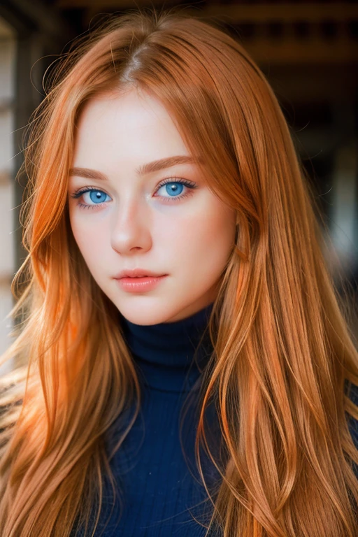 solo, very detailed, detailed face, very long hair, picture of a beautiful young woman, dasha_taran, sfw, ((natural orange hair)), beautiful natural blue eyes, High Definition RAW Photography, 16k photography, 