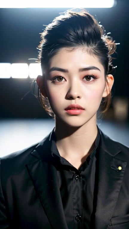 (8k, RAW Photos, highest quality,High resolution, masterpiece: 1.2). (Realistic, Realistic: 1.5),((Light on face:1.2)),((Cinema Lighting:1.3 )),(Photorealism:1.4),(Real Image),(Photographic images),20-year-old,((Japanese)),(male:1.3), (High Top Fade:1.5), Dark Theme, Calm tone, Calm colors, High Contrast, (Natural skin texture, Hyperrealism, Soft Light, sharp),(Black suit:1.2)