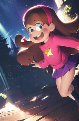 (medium:1.1), vibrate colors, Mabel Pines, day, masterpiece, best quality, Mabel, 1girl, ***, flat chest, beautiful detailed eyes, beautiful detailed lips, whimsical, detailed landscape, Gravity Falls mystic, depth of field, night, light particles, light rays, sidelighting, thighs, fate \(series\), solo, long hair, red sweater, long sleeves, brown hair, black eyes, pink hairband, star \(symbol\), purple skirt, smile, braces, open mouth, sweet, shoes, blush stickers, round teeth, buck teeth, tree, blue sky, wide hips, outdoors, Gravity Falls style, stars, glitter
