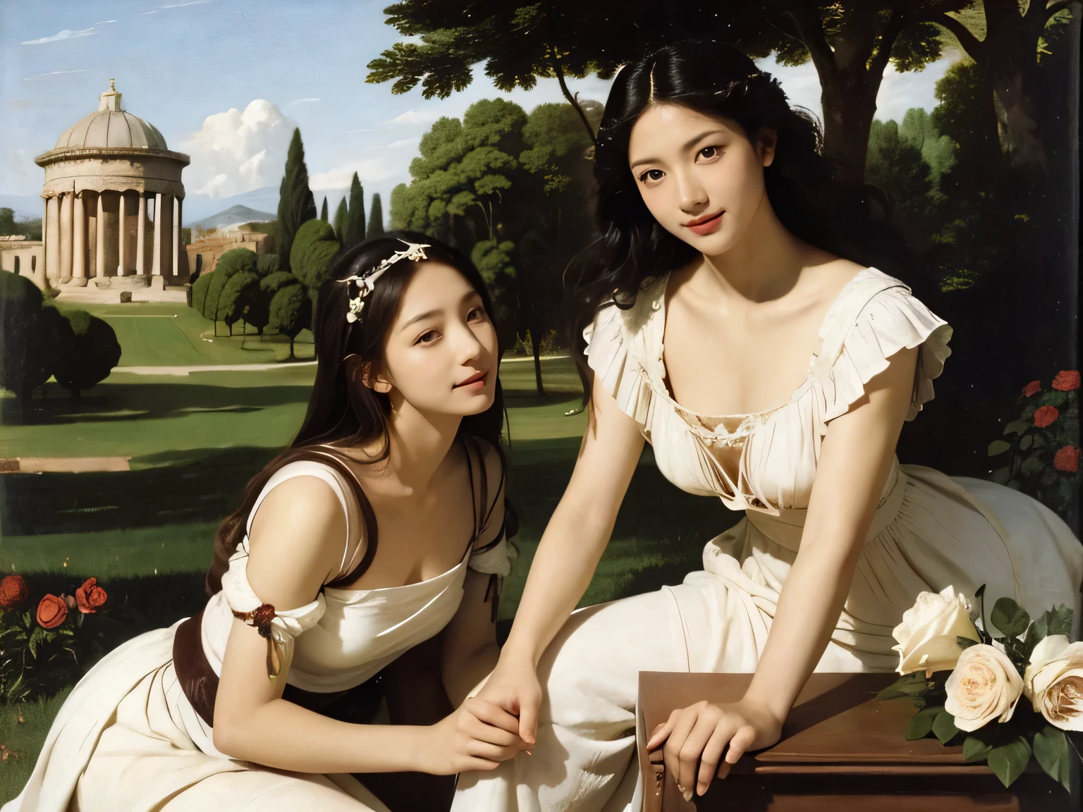 full body portrait or statue、Giorgione painting style,Arguments of two female Philosophe,math、astronomical machine、astronaut、roses in vase、fruits、Cute trinkets、smile、ancient greek costume、Ancient Roman landscape in the style of Nicolas Poussin,laughter,,Sweet and seductive appearance.、Caravaggio's paintings、Chiaroscuro of Caravaggio、hair tousled by the wind,Two women frolicking,cute smile, expression of ecstasy,Sexy,erotic,