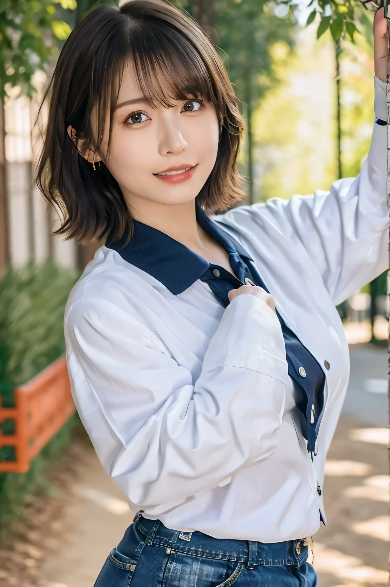 1girl.(RAW shooting:1.3)、(Photorealistic:1.3)、(masterpiece:1.3)、(highest quality:1.3)、Super detailed、High resolution、(Depth of written boundary)、(Detailed eyes)、(Detailed facial features)、(Detailed fingers)、(Detailed clothing features)、High resolution、8k、Skin Tightening、(Glowing Skin)、Landscape Gestic.Age 35、(Brown Hair)、(Medium Short Hair:1.5)、(Straight hair:1.3)、Hair blowing in the wind、avert your eyes、(Cowboy Shot:1.3)、(Dynamic pose)、(Smile)、Navy blue polo shirt、Denim mini skirt、Rich milk、Lens flare、Shining with colored light、Fantastic lighting、Forest rays、(Daytime cityscape, Busy Street,  Expressing the vibrant charm of a bustling metropolis under the sun.)、{{{No makeup、Lens flare:1.4}}}