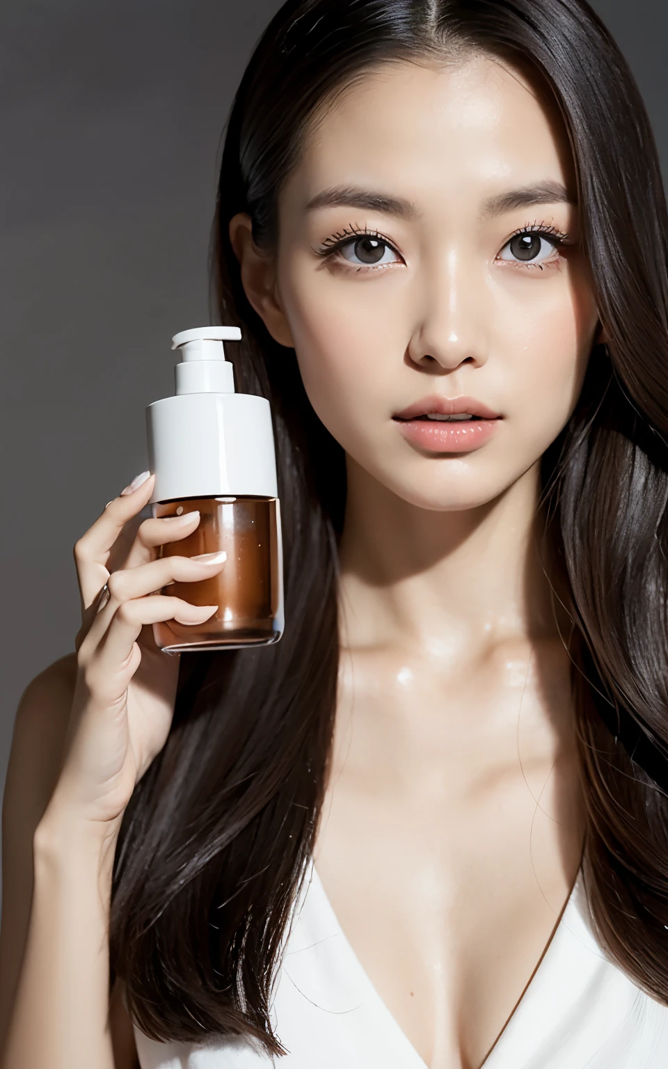 1 FEMALE-FOCUSED, A BEAUTIFUL FEMALE MODEL HAS A COSMETIC BOTTLE IN HER HANDS, WEARING WHITE SHIRT, THE MODEL'S SKIN IS HEALTHY AND CLEAR, AND THE COSMETICS BOTTLE SHINES LUXURIOUSLY, SKIN CARE, FLOWER, COSMETICS COMMERCIAL PHOTOS, CLEAN ATMOSPHERE, IN THE STUDIO, SHOT ON HASSELBLAD CAMERA, MEDIUM FORMAT, DRAMATIC LIGHTING, LUXURY BRAND COSMETIC