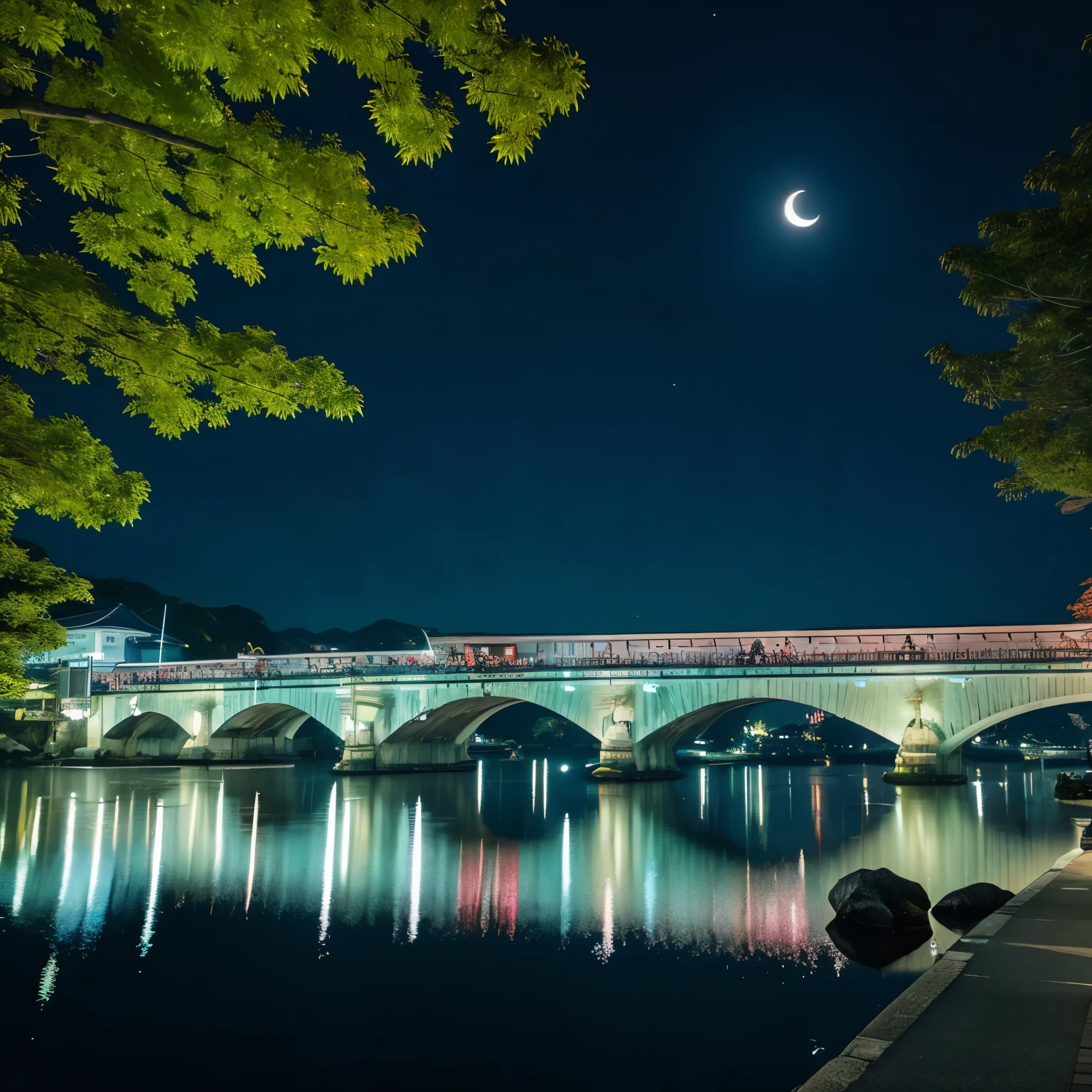 Kyoto Togetsukyo Bridge,Crescent Moon Night,Sparkling,