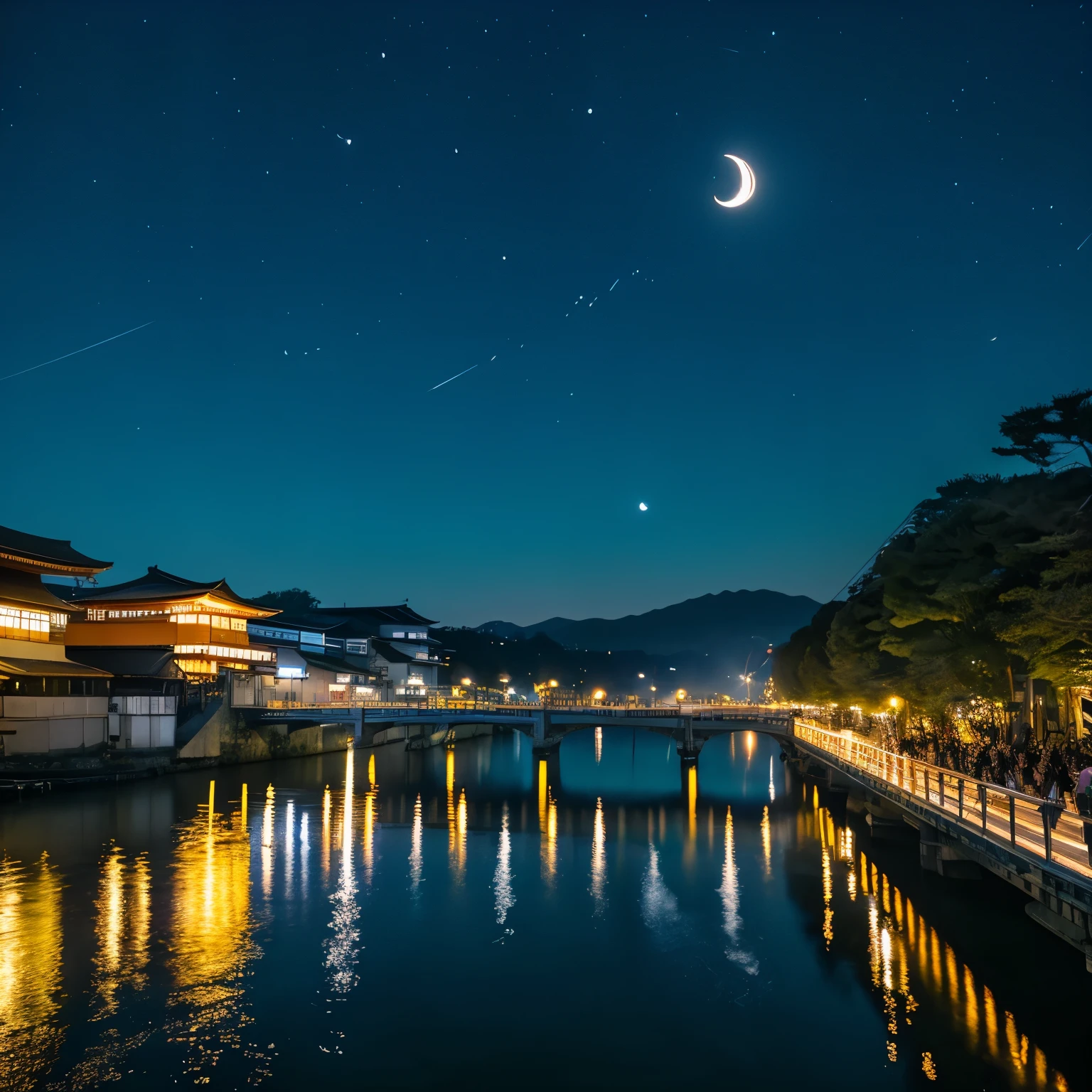 Kyoto Togetsukyo Bridge,Crescent Moon Night,Sparkling,