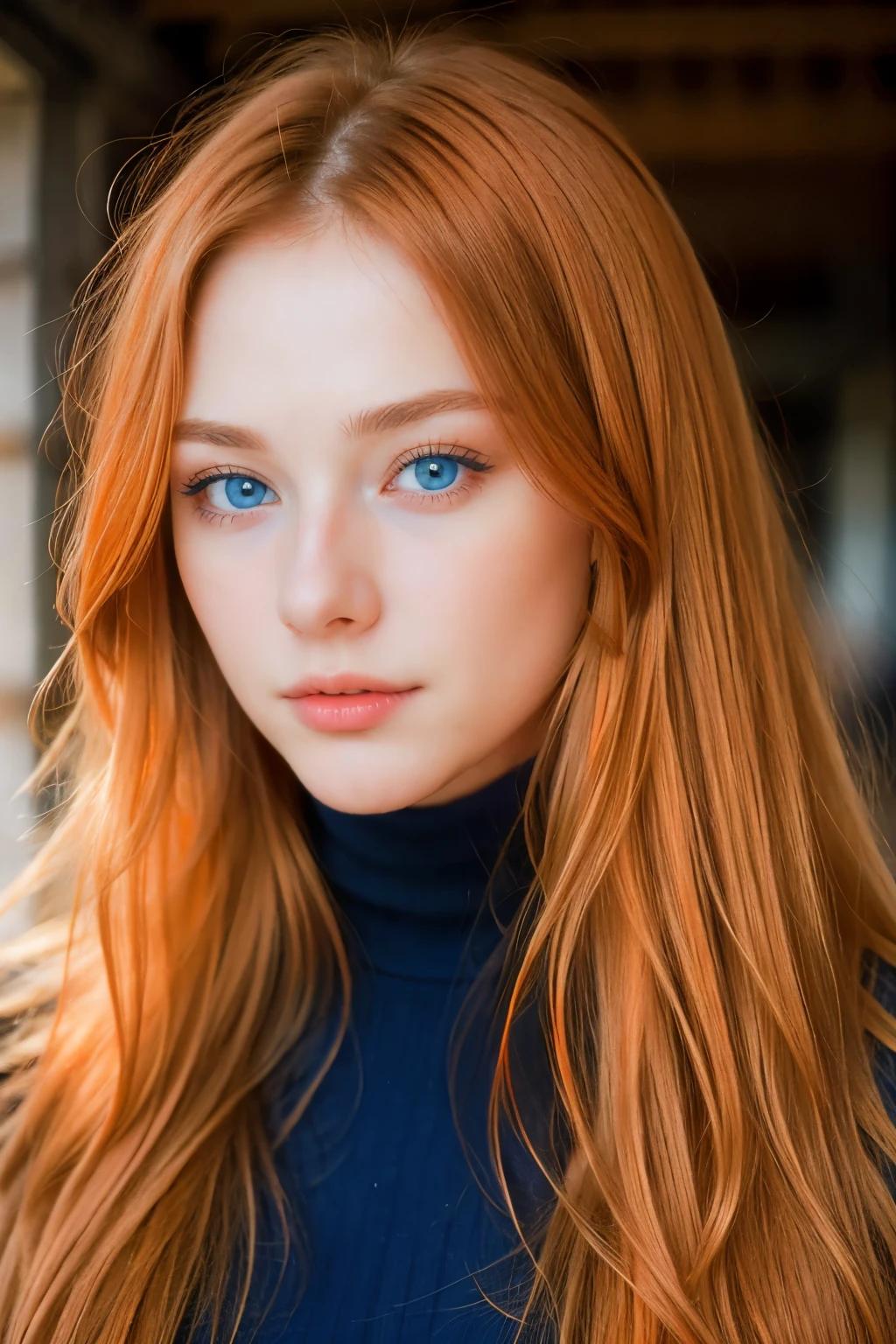 solo, very detailed, detailed face, very long hair, picture of a beautiful young woman, dasha_taran, sfw, ((natural orange hair)), beautiful natural blue eyes, High Definition RAW Photography, 16k photography, 