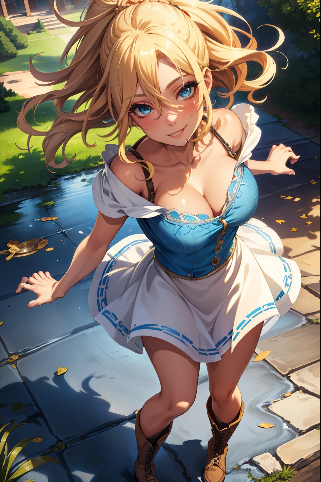 Smiling confidently, blue eyes, blonde hair, makeup, (extremely detailed CG unity 4k wallpaper),(masterpiece),(best quality),(ultra-detailed),(best illustration),(best shadow),(absurdres),(detailed background), Contemporary setting, Park, Short blonde hair (unkempt and messy), Sundress, Cowgirl boots,