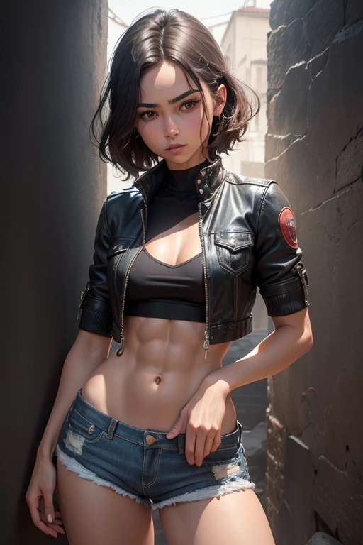 8k,adventure者の衣装,Travel through the dusty wilderness,light brown short cut hair,super beautifulな日本の女性, big and full breasts,big smile,super beautiful(like the real thing)black and red casual wear,black jeans,sexy,deviantart artstation cgscosiety, 3Dレンダリングcharacter art8 K, Alena Aenami and Artgerm, Wojtek Fuss, Trending in Artstation 8k, Trending with Art Station HD, Adventure ultra-realistic rendering, Perfect body with realistic shading, photorealistic perfect body, ultra high resolution,high quality,sexy,brown short hair,strongly cracked abdominal muscles,muscular slim body,muscular slender lower body,Close-up,masterpiece,最high qualityのフォトリアリスティックなRAW写真。bright colors,rich colors, Backlight, cinematic lighting, film grain, to be born, 50mm lens, Nikon D850,realistic skin,fantasy art,character art,hide your face,sharp gaze,adventure,Equipped with a long and large Japanese sword on the waist(carry a sword),brown jacket,