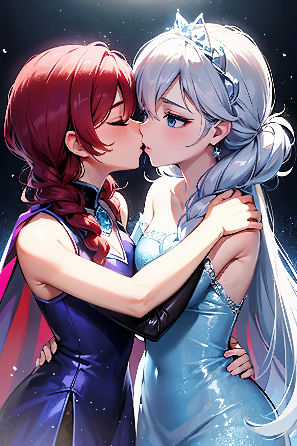 frozen,ELSA,ANNA,lesbian kiss,ELSA with silver hair and a transparent blue tite dress,
Anna with red hair in a black dress and purple cape,