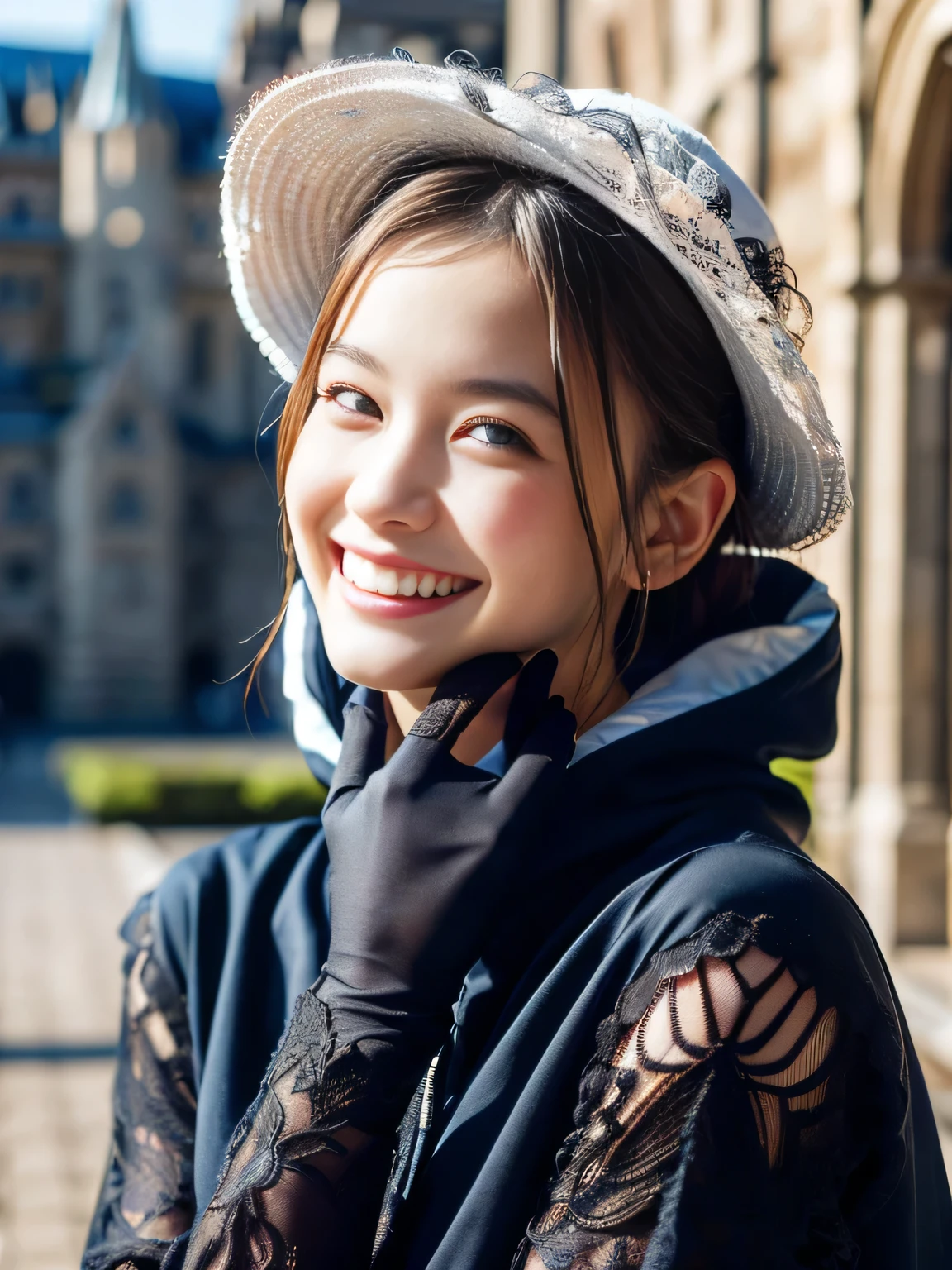 (best quality:1.2),(ultra detailed,highres,HDR,8k,3D,realistic,photorealistic,super fine,effects,official art,detailed background), ((very happy smile,young,Japanese,detailed beautiful face):1.3), ((Happy days),(round face,small face beauty):1.3), (dynamic pose:1.3), ((Headdress made of delicate lace),(A large hat made of delicate lace),(A cloak made of delicate lace),(Long gloves made of delicate lace),(Mini dress made of delicate lace),(One-piece underwear made of delicate lace):1.3), (gothic style jacket:1.2)(mont saint michel:1.3)
