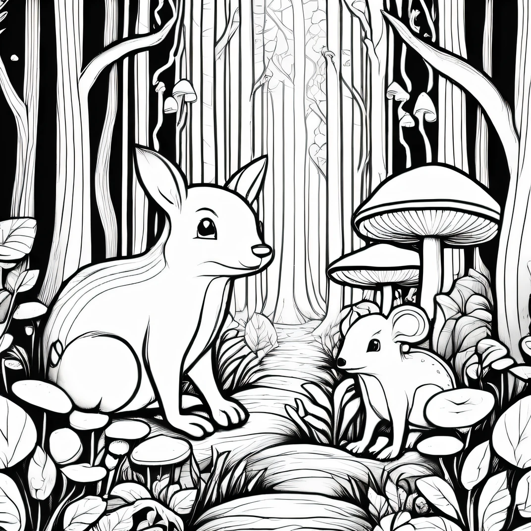 A magical forest with talking animals and glowing mushrooms. cartoon,
,Coloring Book, ColoringBookAF,