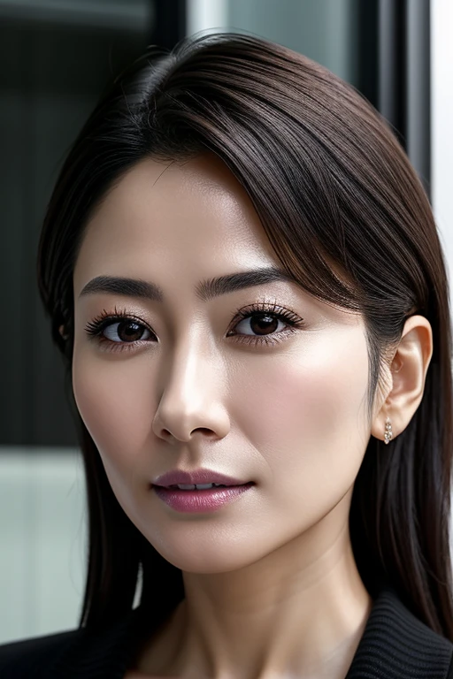 Tabletop,,Awards - Winning Photos, Very detailed、Age 35、Black-haired、Glowing Skin、Face close-up,(Realistic nostrils)、Lens Distortion Removal、Realistic skin texture、Pore regeneration、profile、1 girl,Long, narrow nostrils、Beautiful Japanese actresses,