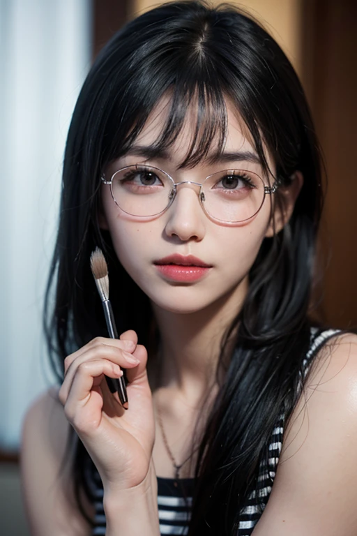 (8k, born, Realistic: 1.25), (((striped white hairs))), (Thin lip gloss, Thin eyebrows, eyelash, Tear bags, Snapping Bangs, Shining Face, Shiny skin, highest quality, Ultra-high resolution, Depth of written boundary, chromatic aberration, Caustics, Wide Lighting, Natural Shading, K-Pop Idols) Glasses, Calm, Brush your hair up with your hands, Long Hair, smile, Small devil, Inside the house