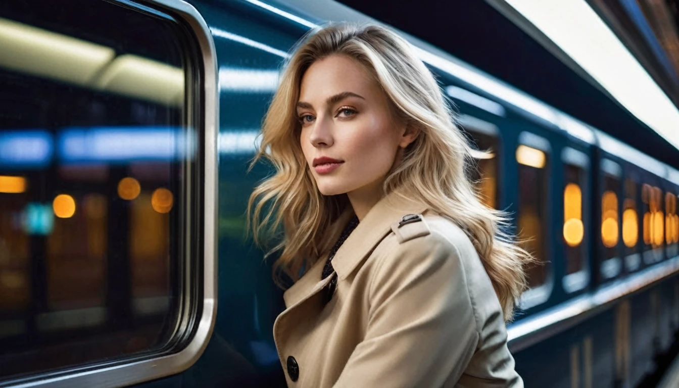 side view, ((half body )) portrait photo of a beautiful 35 years old european woman sitting on a train ((at dark night)) beside the window looking out the window of the train can see the moving houses of the megacity with colorful nightlights, reflective surfaces, city lights of the skyscrapers and reflections on the train's window. She is reflected in the train window. The train is travelling through in a megacity at night. She has (long wavy blonde hair blown in the wind), wearing beige colored coat with white blouse, Award - winning photograph, Masterpiece, 16k, ultra high res, hyper detailed, vintage filter,sfumato, chiaroscuro, beautiful woman, perfect face, rule of thirds, highly detailed hair, ((detailed face)), ((detailed facial features)), (finely detailed skin), pale skin, intricate details, amazing fine detail, photorealistic, photograph, photorealism, rich colors, lifelike texture, neutral colors, Soft front light,cinematic lighting, dramatic lighting,dappled light on face, backlight on hair, sharp focus, wide angle, film grain, dslr, raw photo, photographed on Nikon