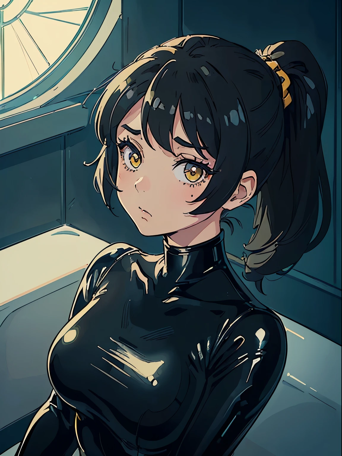 ((masterpiece, best quality)), ((anime girl in the bathroom, retro style)) (1girl, , portrait, close up), (solo, elegant beauty, cute), (female focus, loli), (black hair, ponytail hair),yellow eyes, detailed eye, ((latex, black tight bodysuit, turtle neck, collarbone, curvy body)), portraits, dramatic lighting, blueish light, calm atmosphere