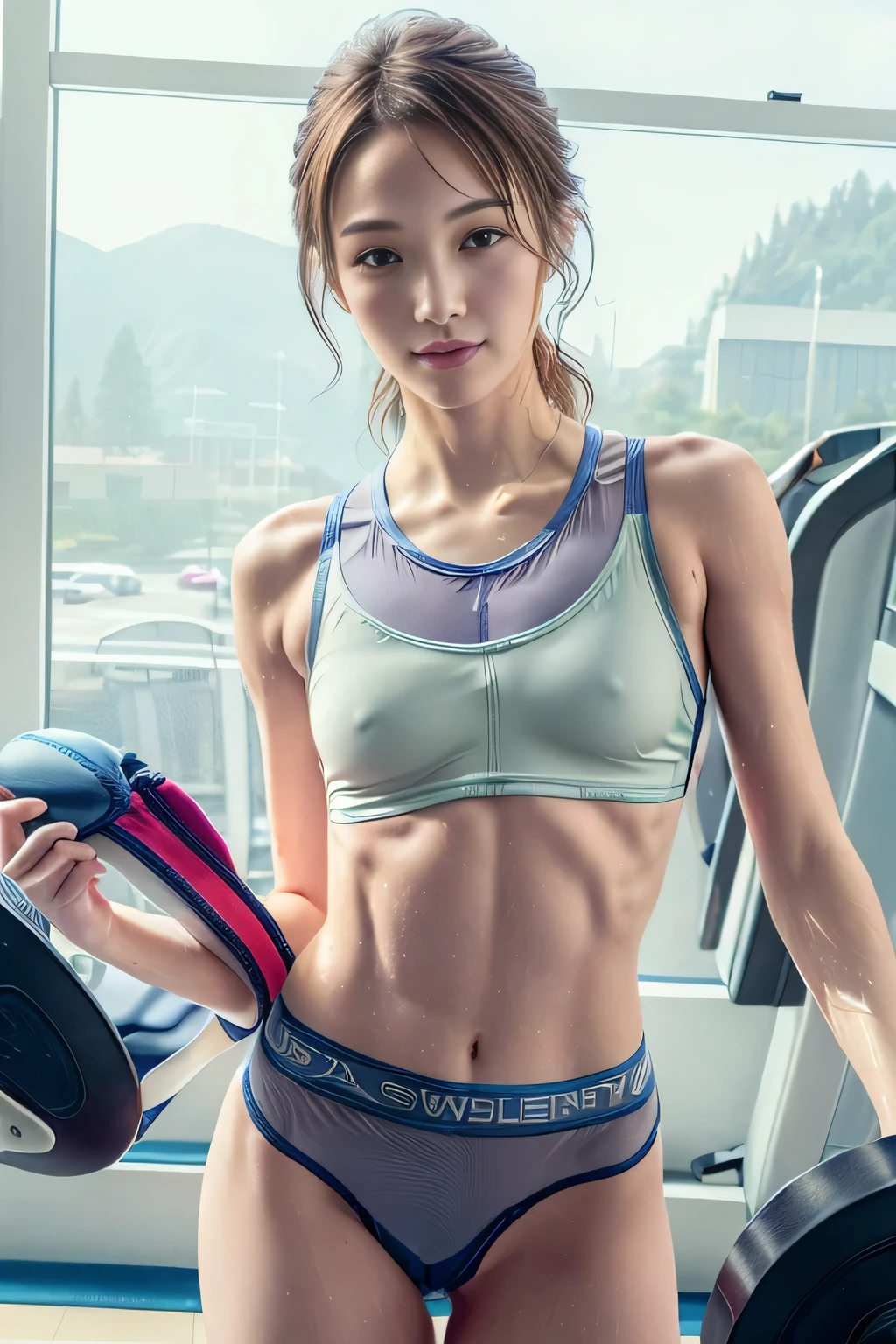 8K,(photorealistic:1.4), RAW photo, best quality, masterpiece, ultra high res, raw photo,cinematic lighting,depth of field,ray tracing, Japanese girl,Brown short wavy pixie hair over one eye,Meticulous sportswear girl,(at the gym:1.3),(Wear sophisticated a sports tiny thong and a sports bra:1.3)，Highlight  abs, completes the overall atmosphere,(braless:1.1),(Slender body:1.4),six pack,smile,(wet skin:1.0),large hip,(cleavage),(camel toe),