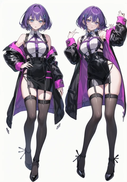 Purple Hair,Shortcuts,Adult female,bartender,((Body Harness)),((Rolling up his sleevesYshirt)),High heels,,((Simple Background)),smile,((Full Body)),((full body)),((whole body)),Character Sheet,upright,,Both arms hanging straight down
