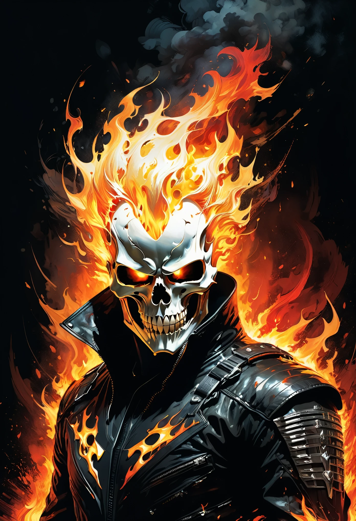 A ultra realistic poster of Ghostrider onfire in the red matrix, by Daniel Castan :: Carne Griffiths :: Andreas Lie :: Russ Mills :: Leonid Afremov, dark background, cinematic, high detail, vibrant, 3d render, illustration