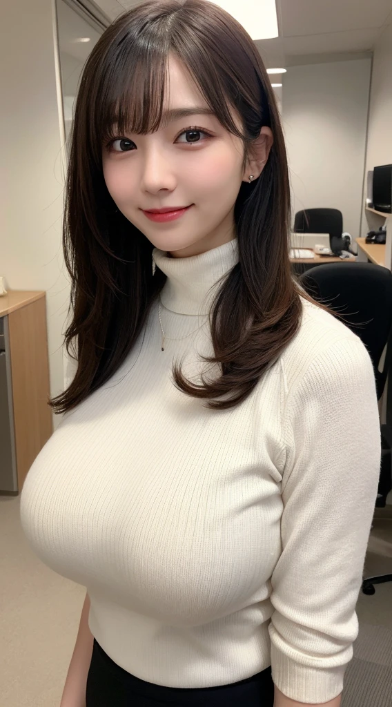 highest quality,Very detailed,finely,High resolution,8k wallpaper,Perfect dynamic composition,Office Lady,whole body,Are standing,knit,turtleneck, Straight Hair,Shedding bangs,finelyて美しい目,Natural Lip,(Saggy big breasts:1.3),smile