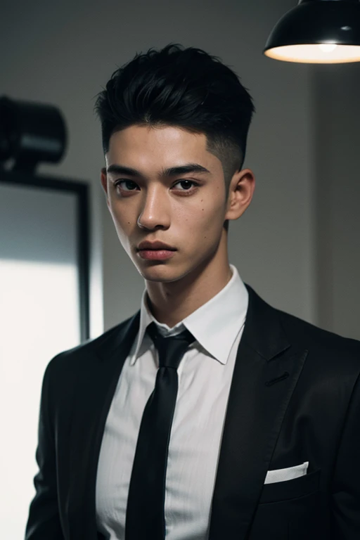 (8k, RAW Photos, highest quality,High resolution, masterpiece: 1.2). (Realistic, Realistic: 1.5),((Light on face:1.2)),((Cinema Lighting:1.3 )),(Photorealism:1.4),(Real Image),(Photographic images),20-year-old,((Japanese)),(male:1.3), (High Top Fade:1.5), Dark Theme, Calm tone, Calm colors, High Contrast, (Natural skin texture, Hyperrealism, Soft Light, sharp),(Black suit:1.4),(White dress shirt)